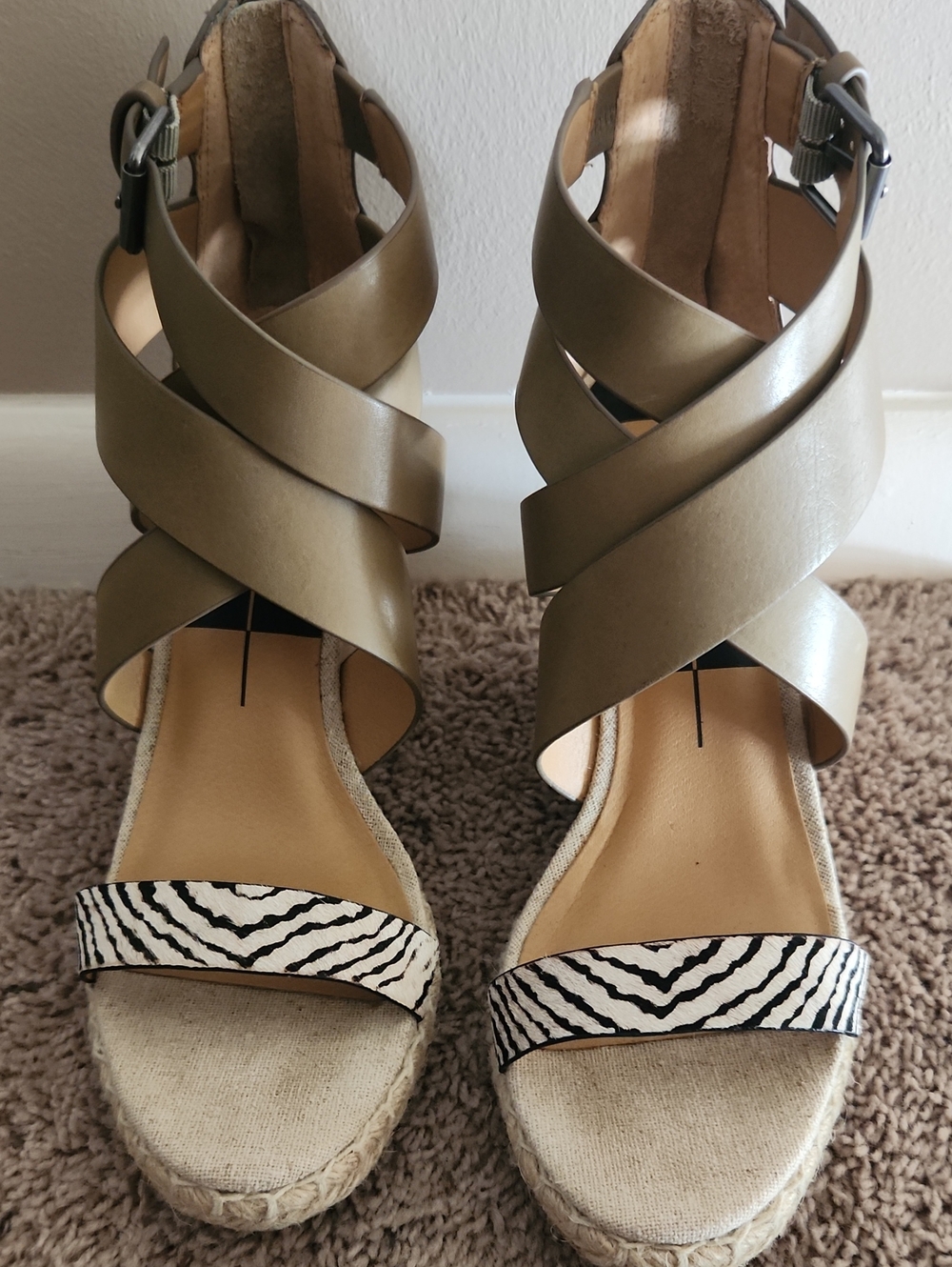 Dolce Vita Olive Crisscross Wedge Sandals with Zebra Toe Strap